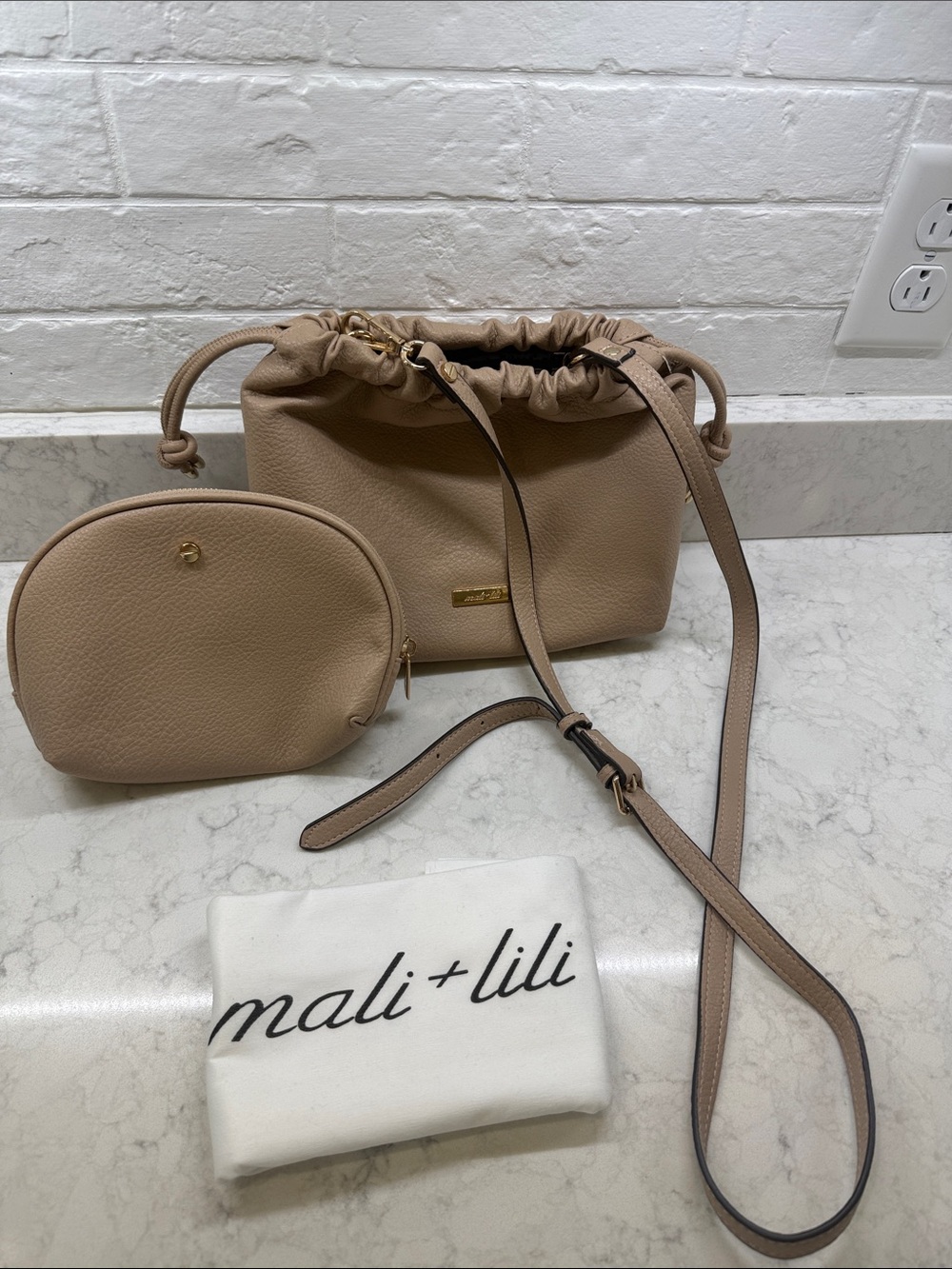 Mali + Lili Taupe Drawstring Crossbody with Coin Pouch